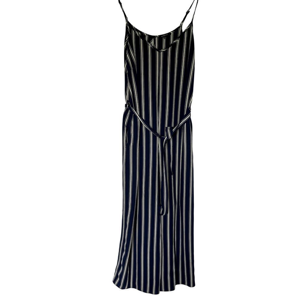 Ambiance Striped‎ Sleeveless Jumpsuit Large Navy Blue Womens Pockets Tie Waist